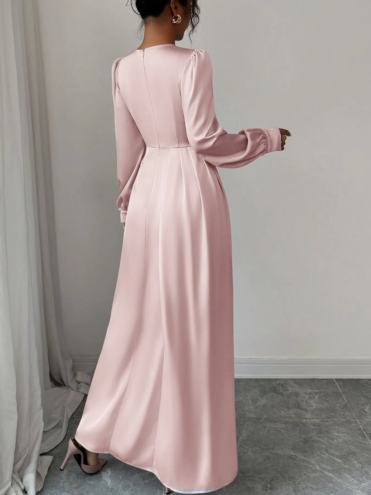 satin long sleeve maxi dress fabric and detail close up