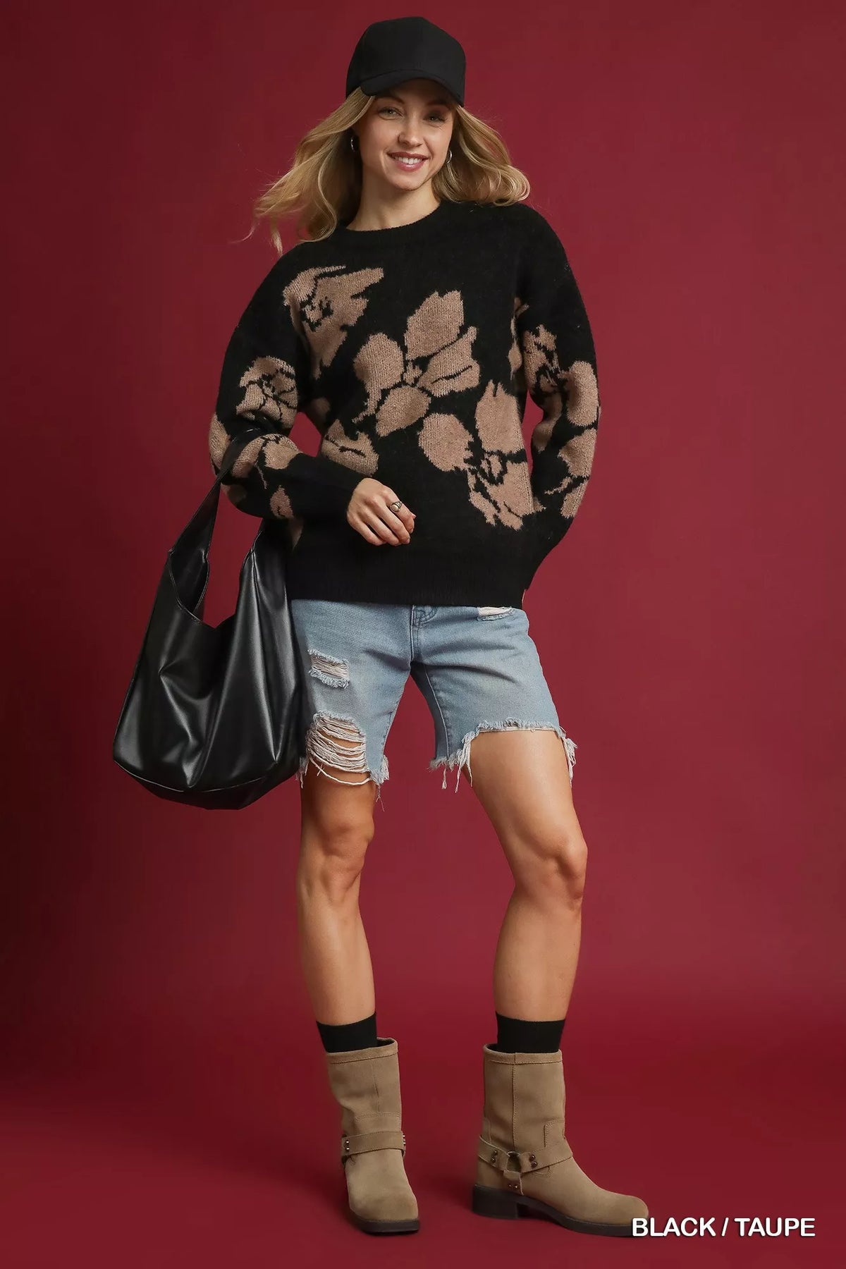 Floral Long Sleeve Sweater in Black and Taupe detail