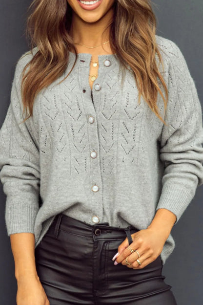 Openwork Button Down Long Sleeve Cardigan - Fashorio