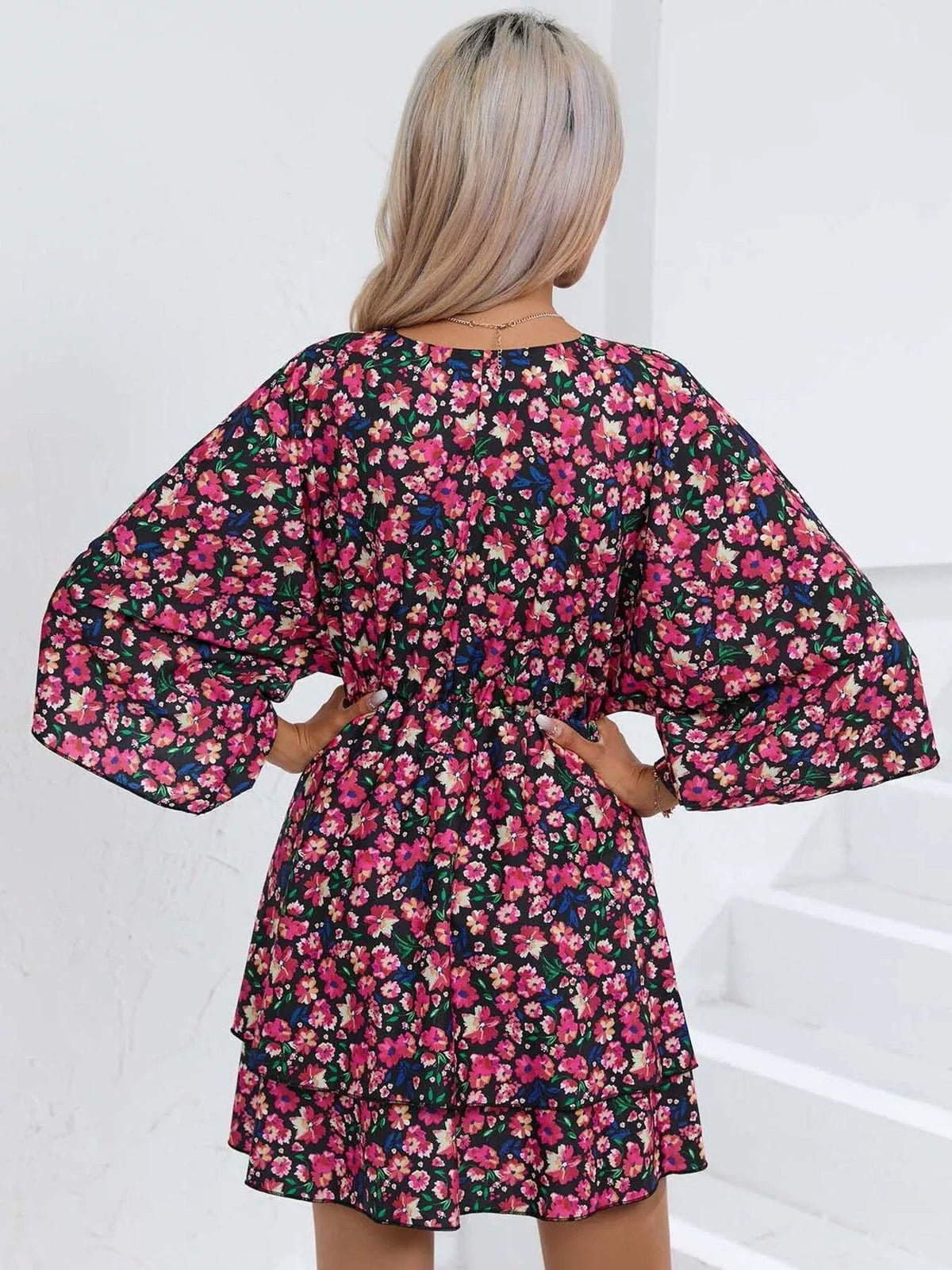 Floral print tiered ruffle hem mini dress front view