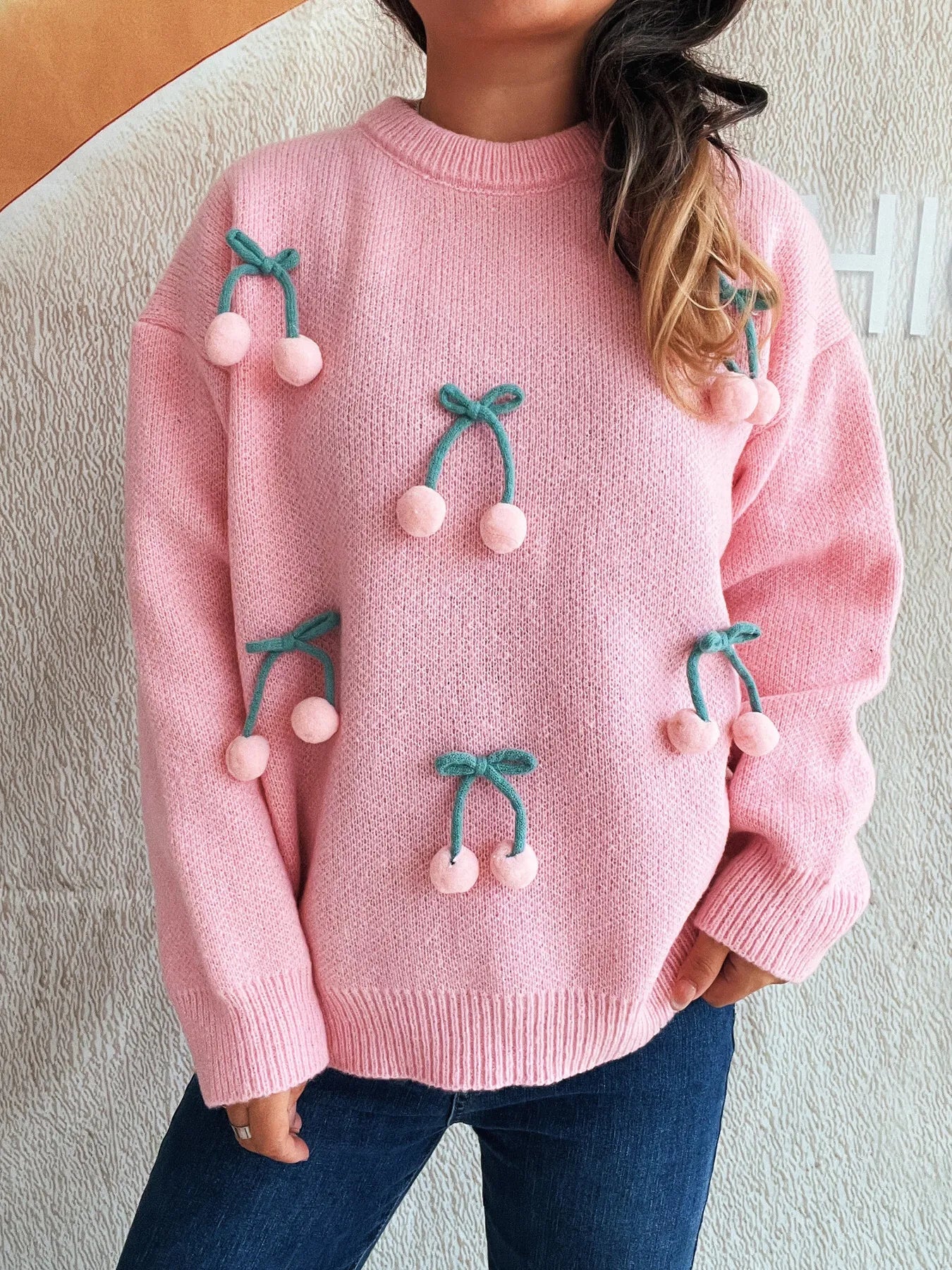 Cherry Round Neck Long Sleeve Sweater - Fashorio