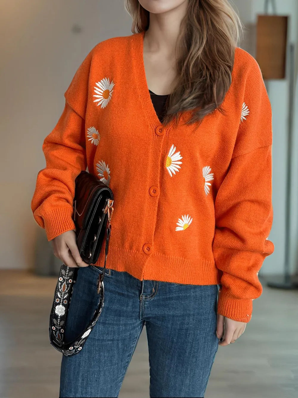 Daisy Button Up V-Neck Cardigan - Fashorio