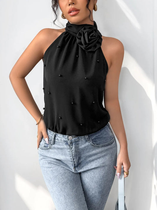 3D Flower Grecian Neck Bodysuit Black - Fashorio