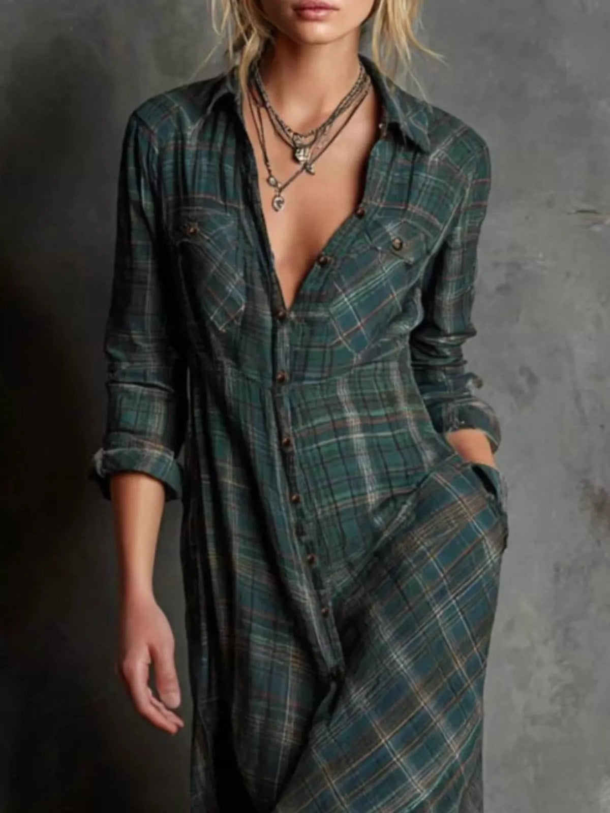 Plaid Button Down Maxi Shirt Dress Plus Size close up view
