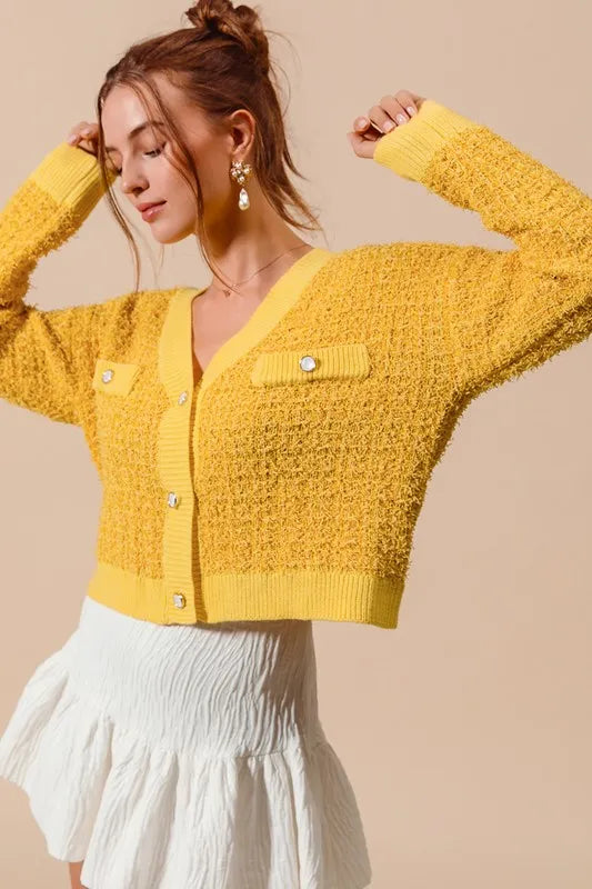 SO ME Frayed Tweed Knit Buttoned Front Cardigan - Fashorio