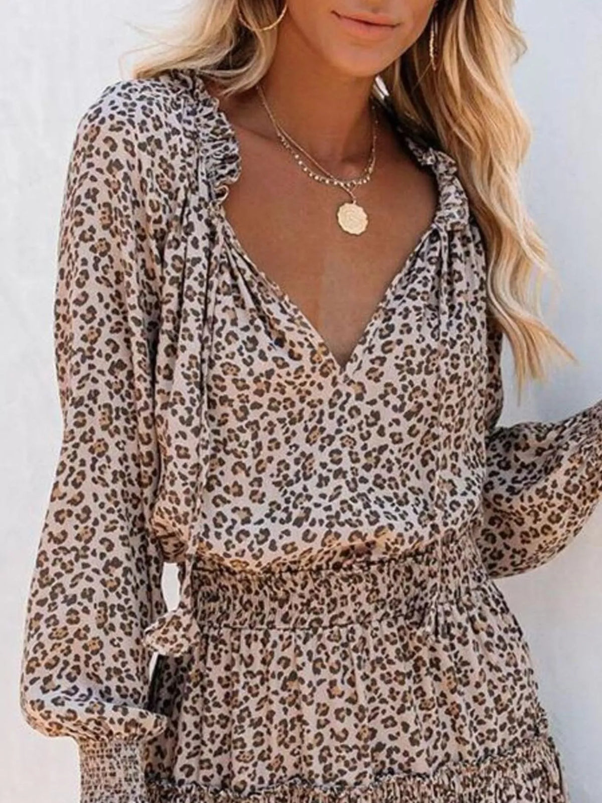 Tie neck lantern sleeve tiered dress full length view