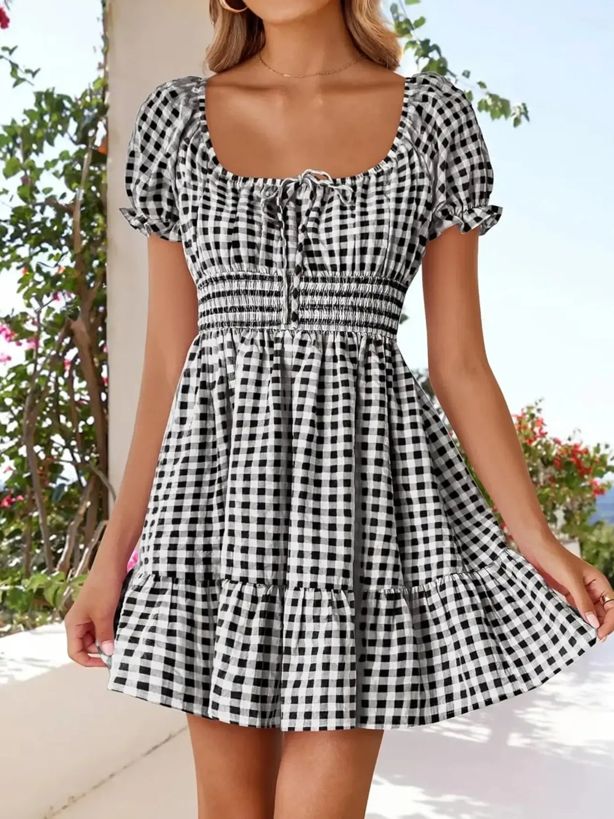 Gingham Smocked Puff Sleeve Summer Dress in Yellow styled look