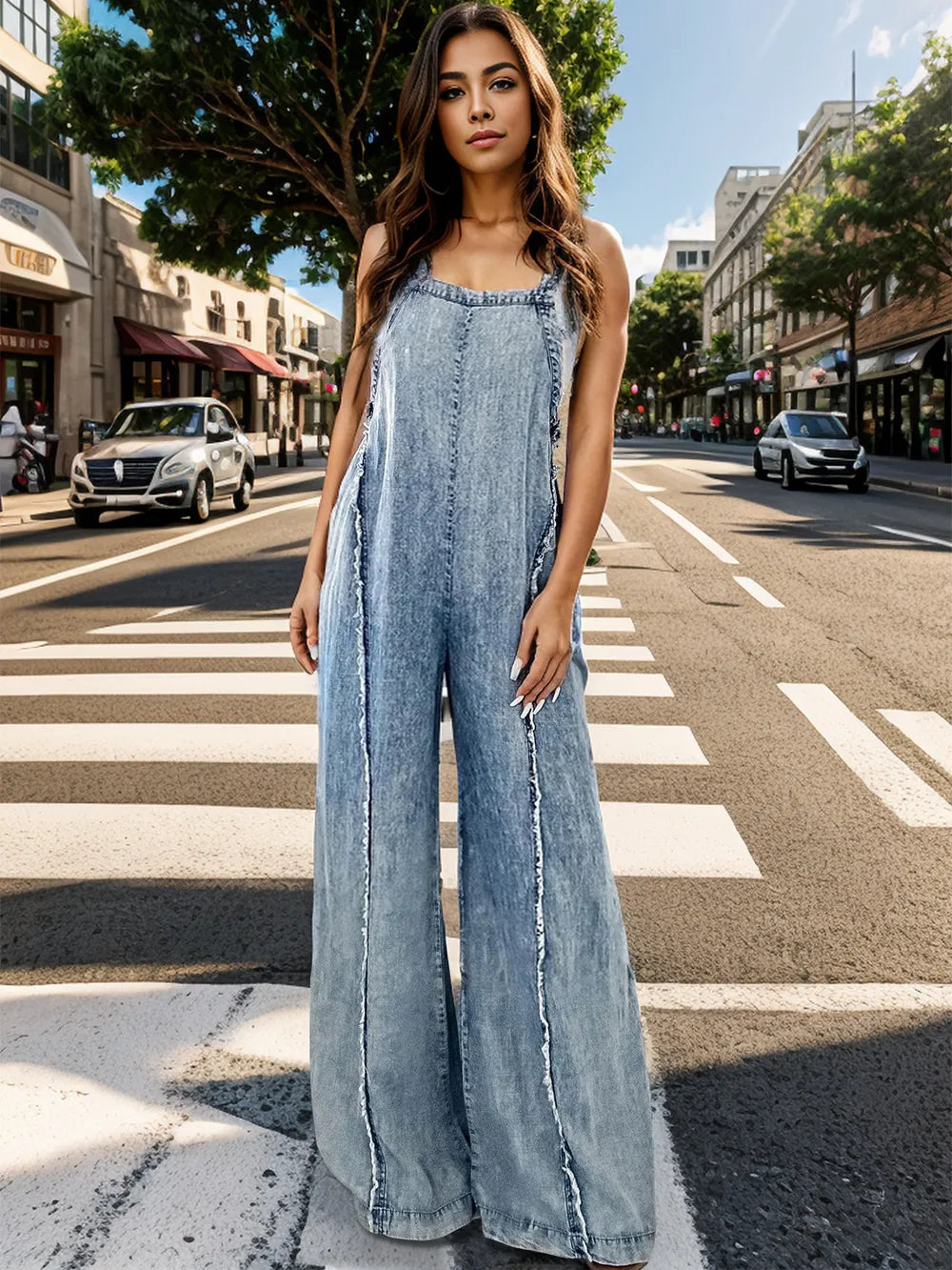 Light blue wide leg overalls side view