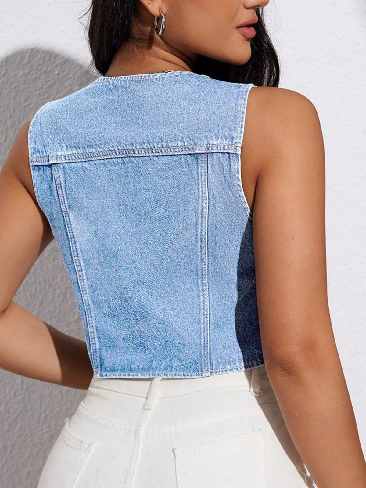 Tie Front Denim Vest in Sky Blue styled look