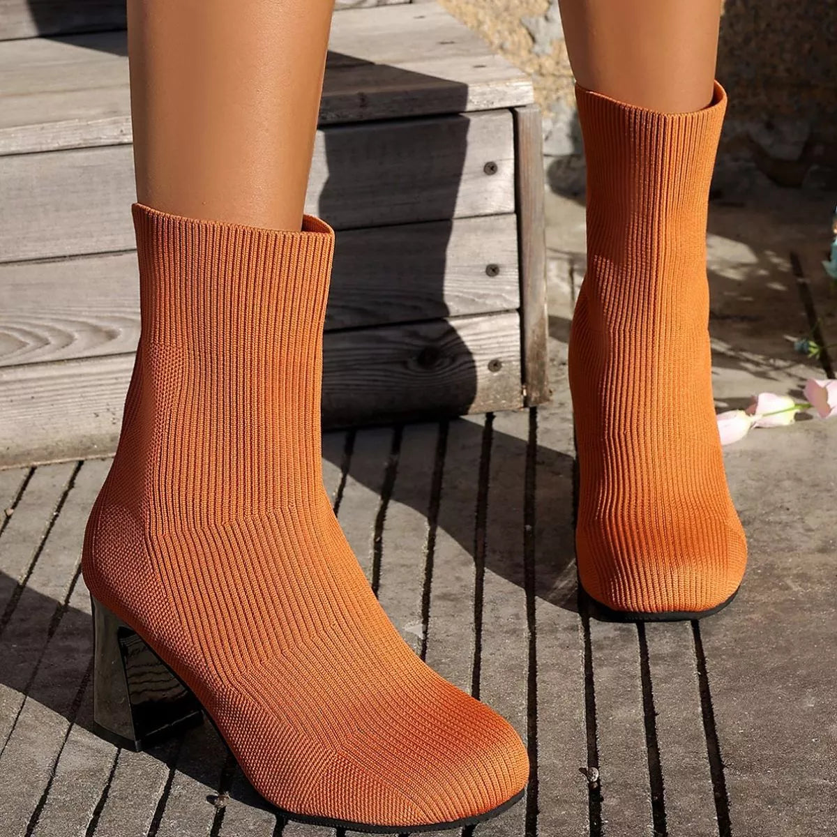 Round Toe Mesh Block Heel Boots pair standing together