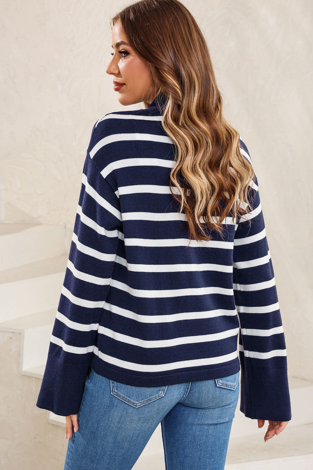 Striped Slit Drop Shoulder Sweater - Fashorio