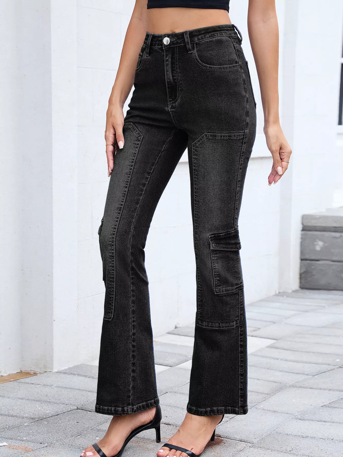 High waist bootcut jeans front view
