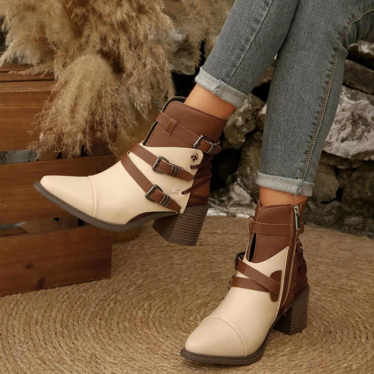 Point Toe Buckle Strap Ankle Boots with Block Heel styled on model