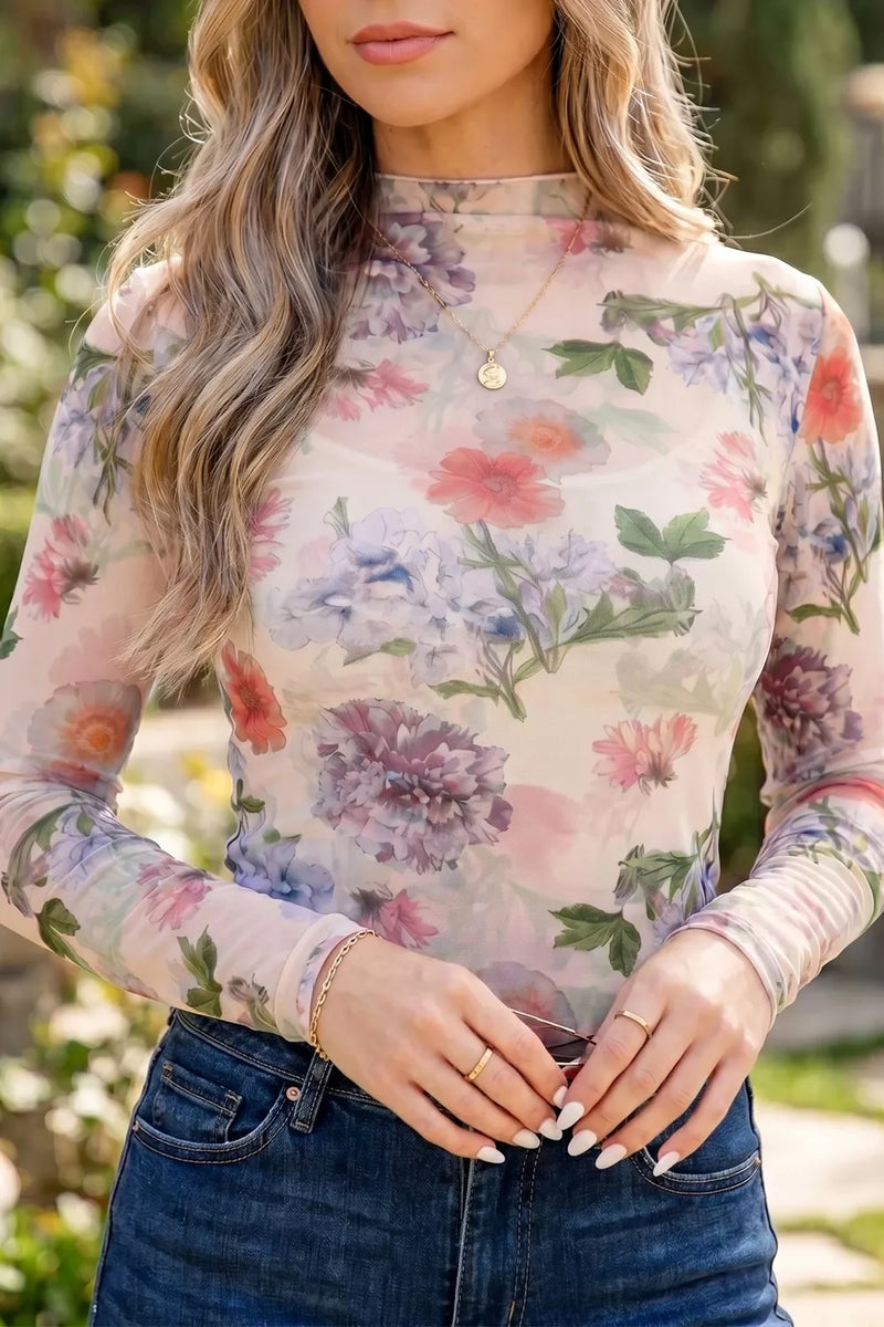 Floral mesh long sleeve top with thumbhole cuffs front view