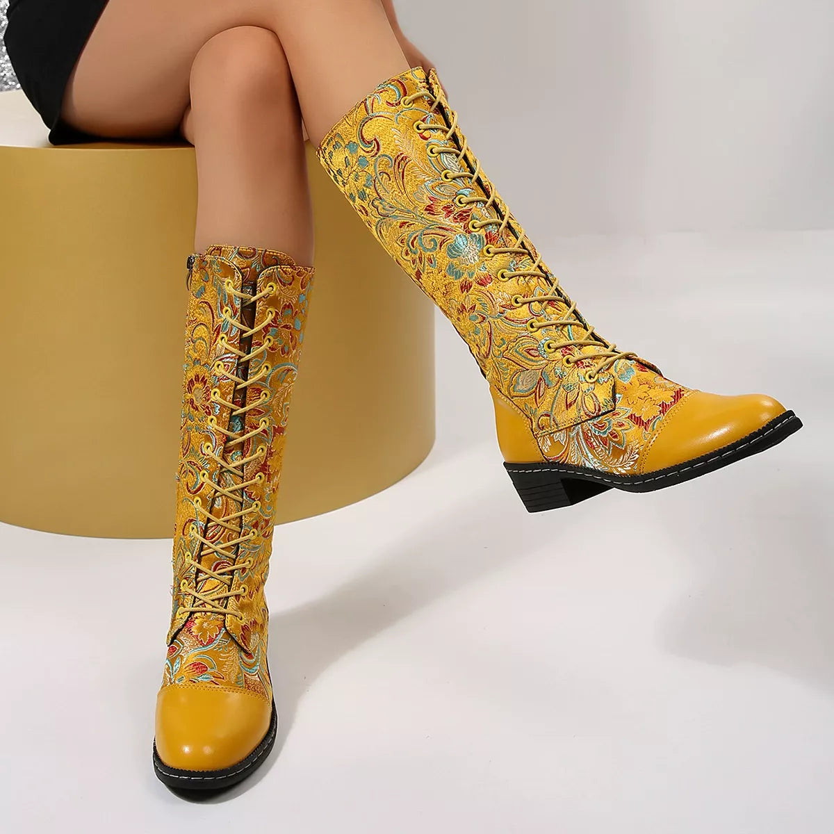 Embroidered Lace Up Block Heel Boots pair standing together
