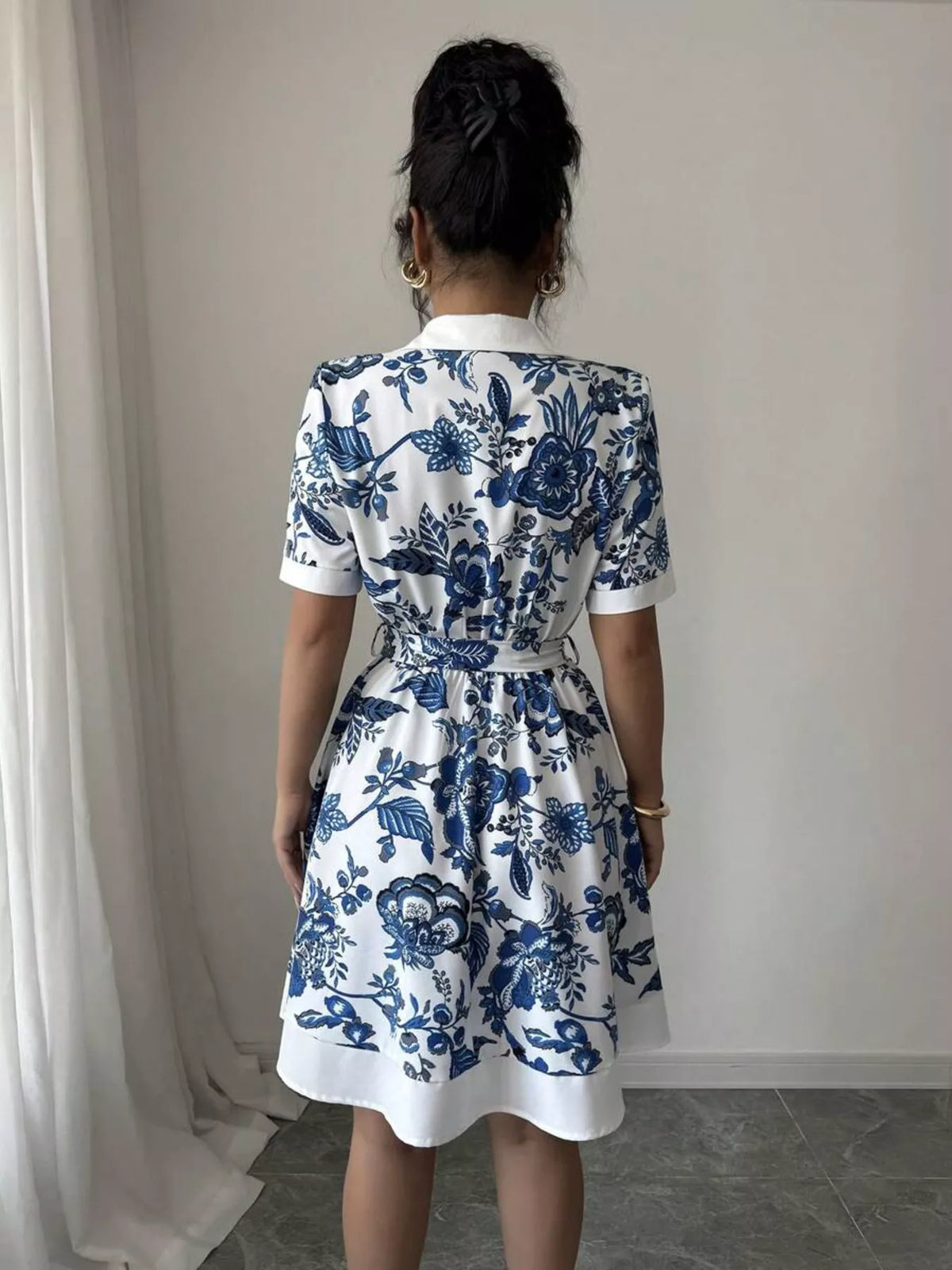Printed button front belted mini dress detail view