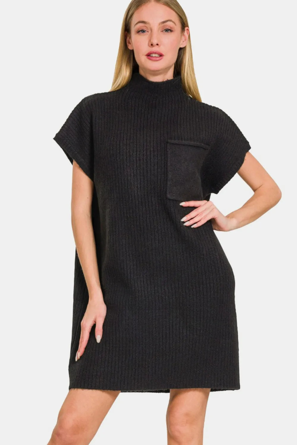 Short Sleeve Sweater Mini Dress in Black