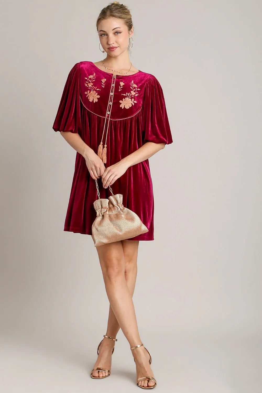 Embroidered Half Sleeve Velvet Mini Dress with Tassel detail