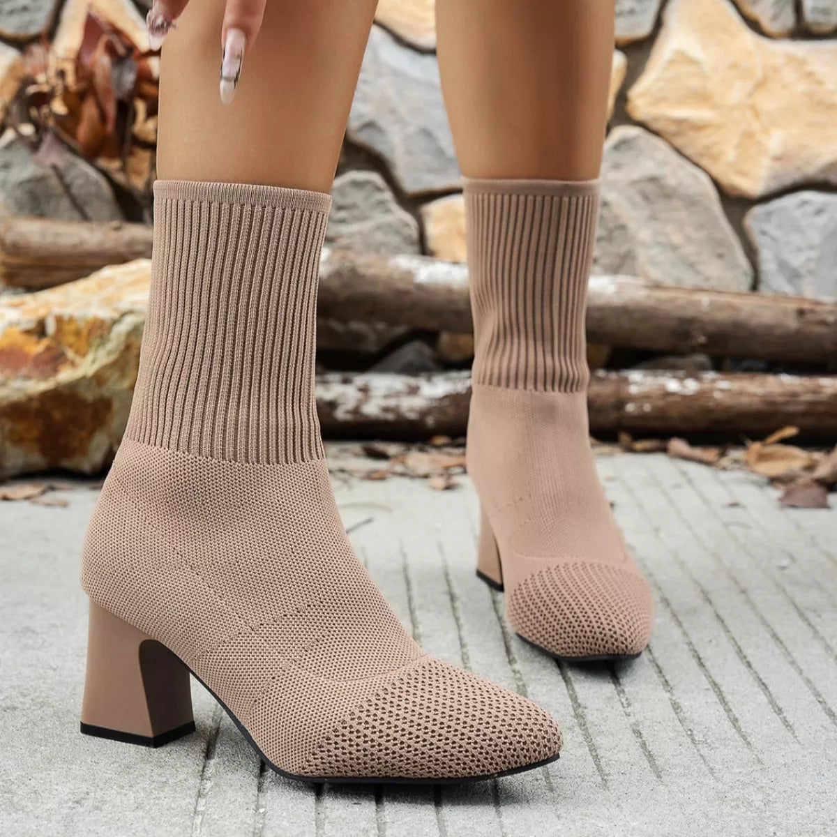 Pointed Toe Knit Sock Boots upper detail