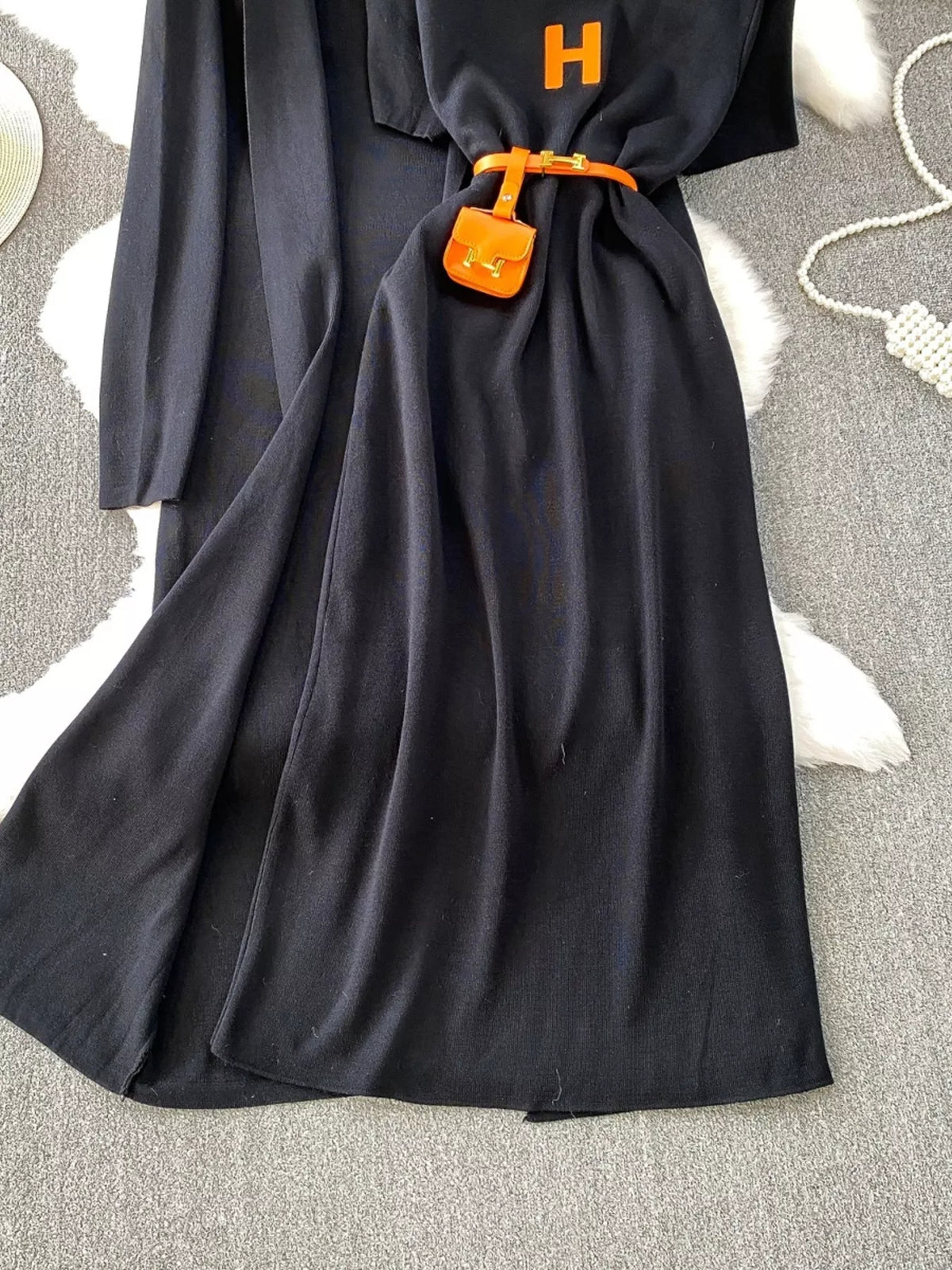 Round Neck Knitted Dress and Cardigan Set, view 4