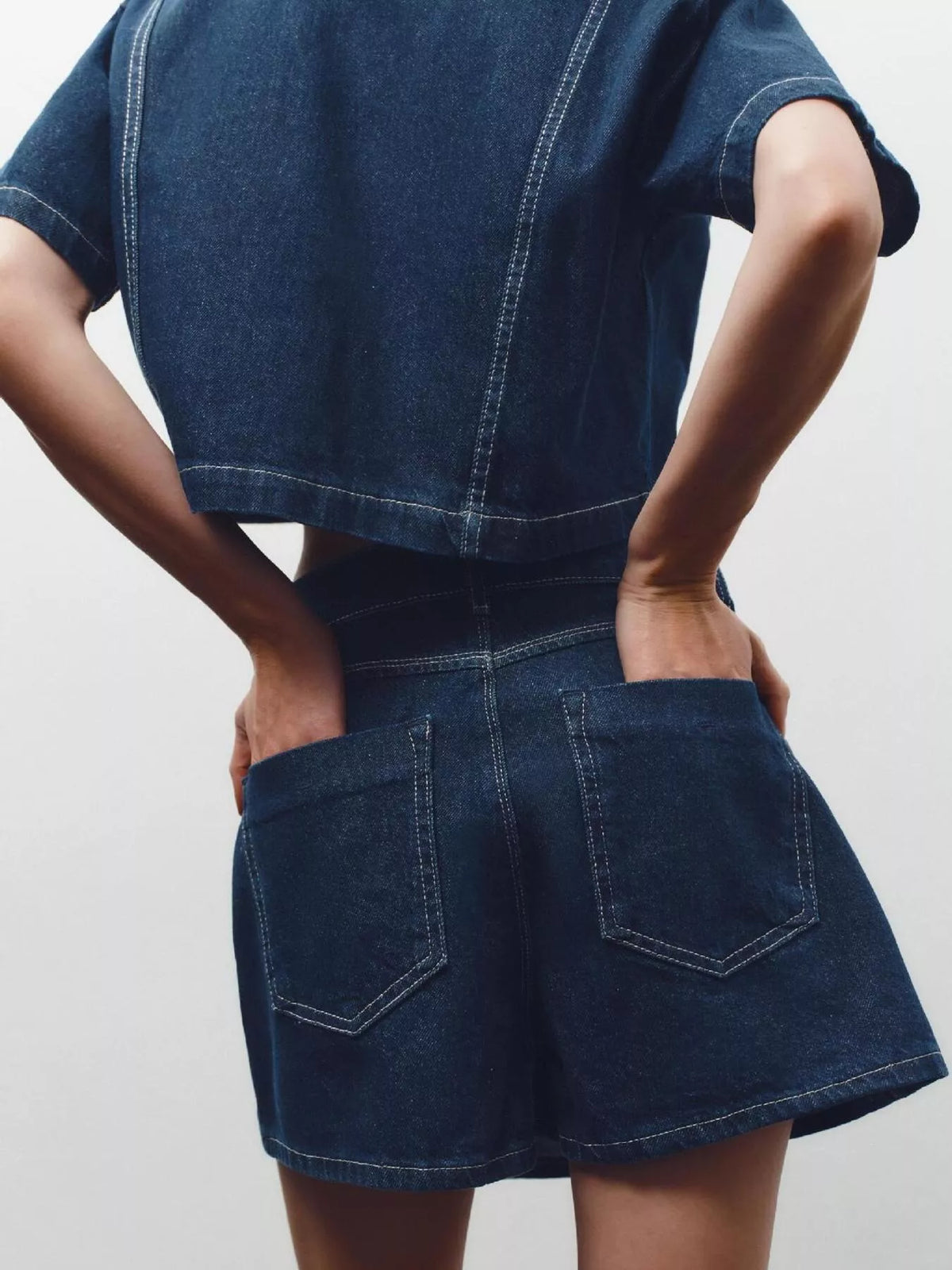 Sky blue denim skort set full look