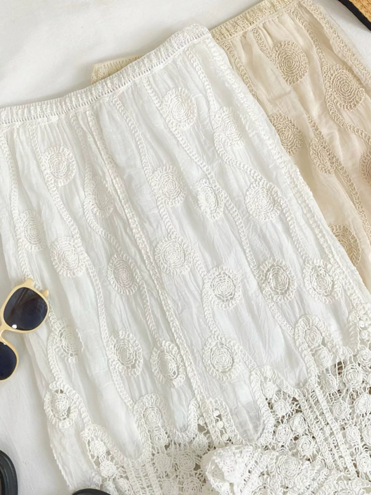 Lace elastic waist midi skirt, three quarter view