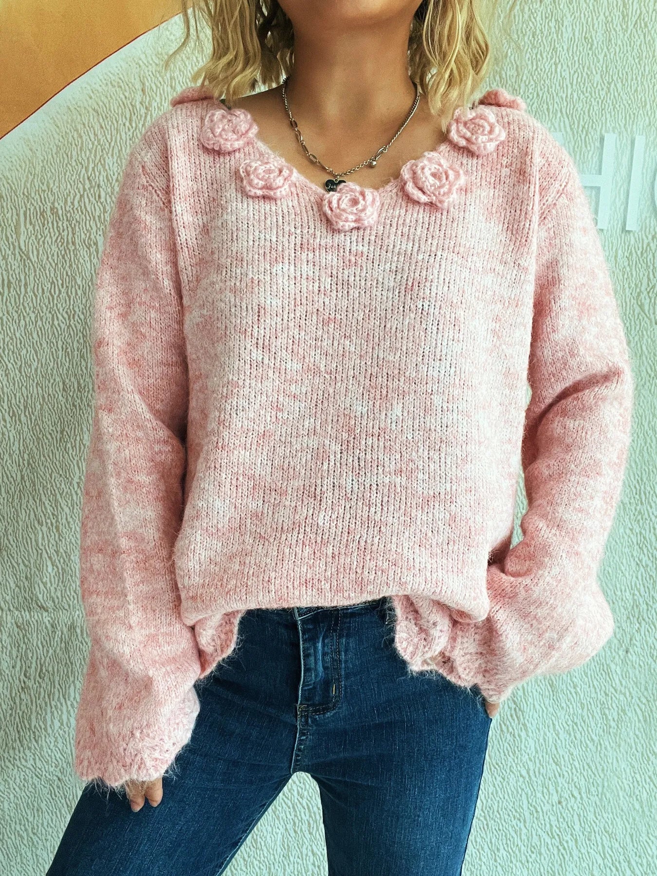 Flower V-Neck Long Sleeve Sweater Pink One Size - Fashorio