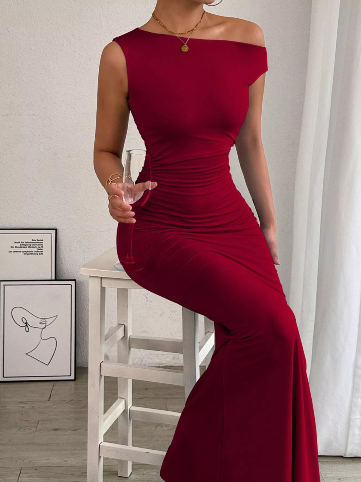 One shoulder maxi dress styled for evening