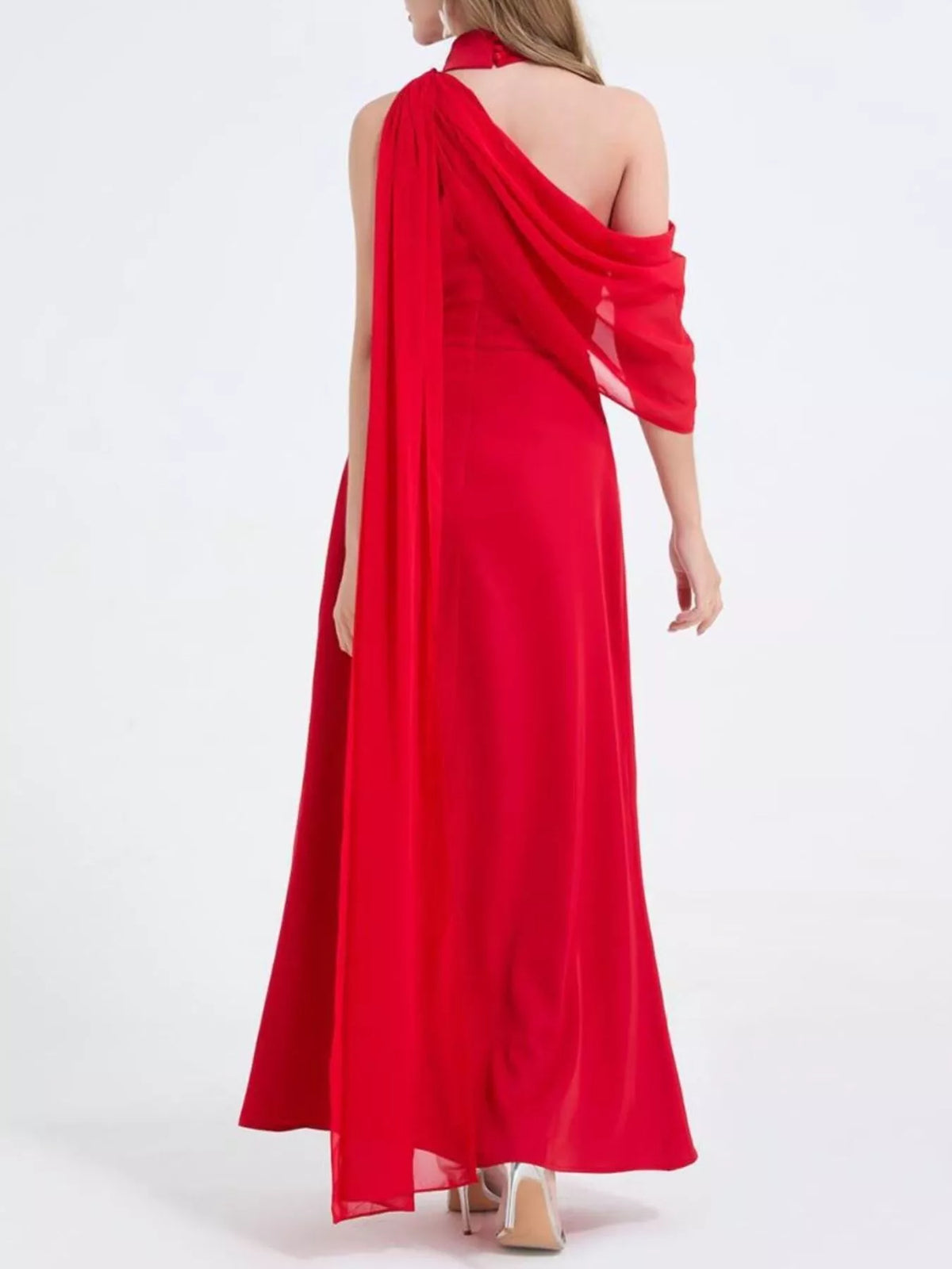 Black asymmetrical neck maxi dress front view
