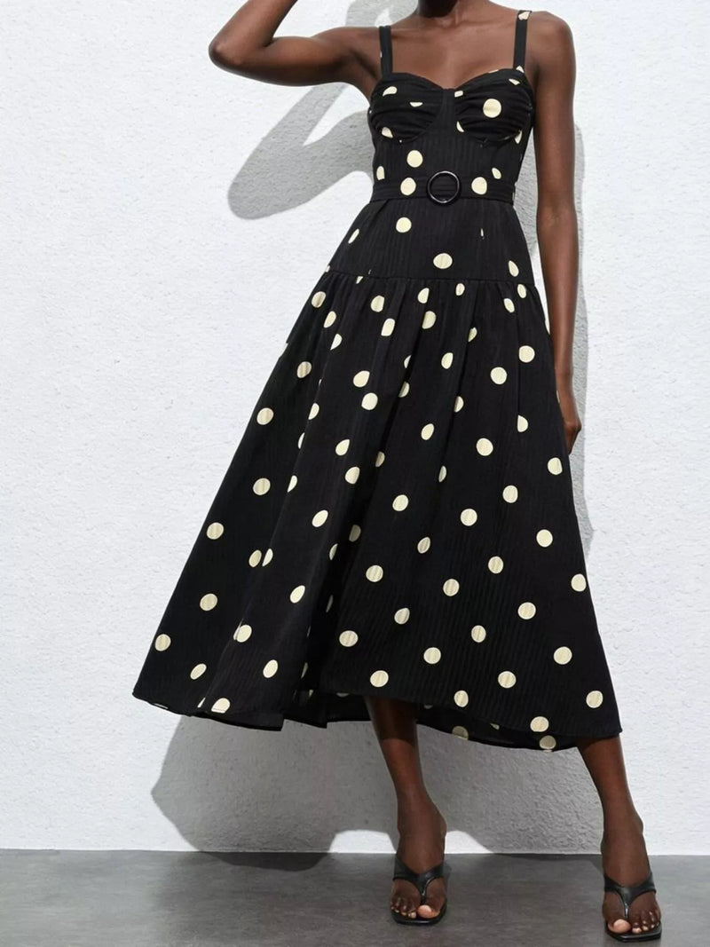 Black polka dot sweetheart neck midi dress front view