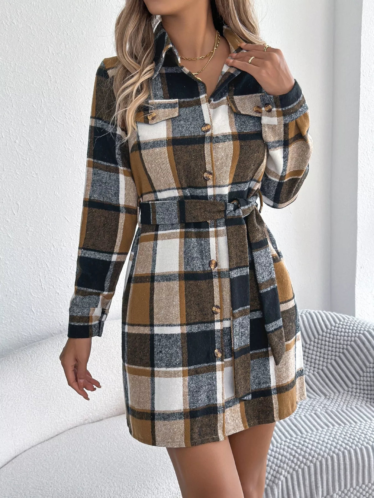 Plaid Tie Waist Shirt Dress in Green view 11