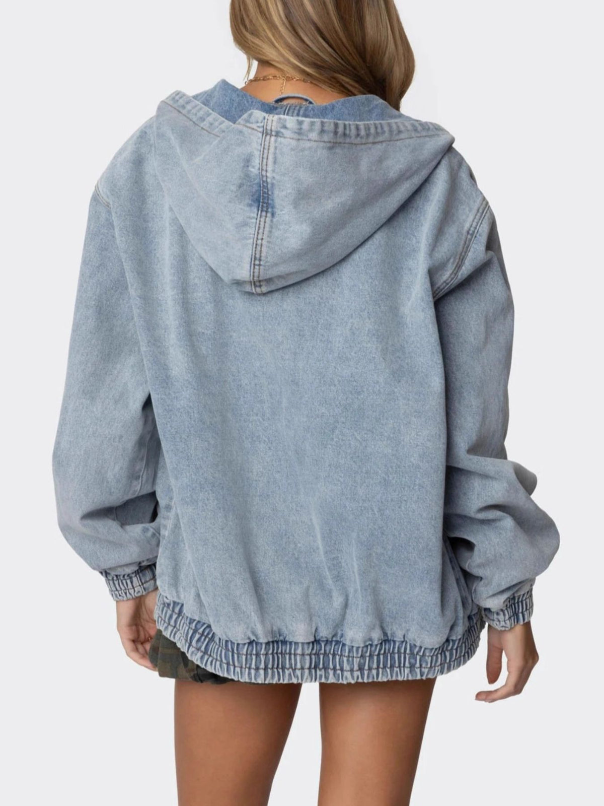 Hooded Oversized Zip Up Denim Jacket in Light Blue styled look