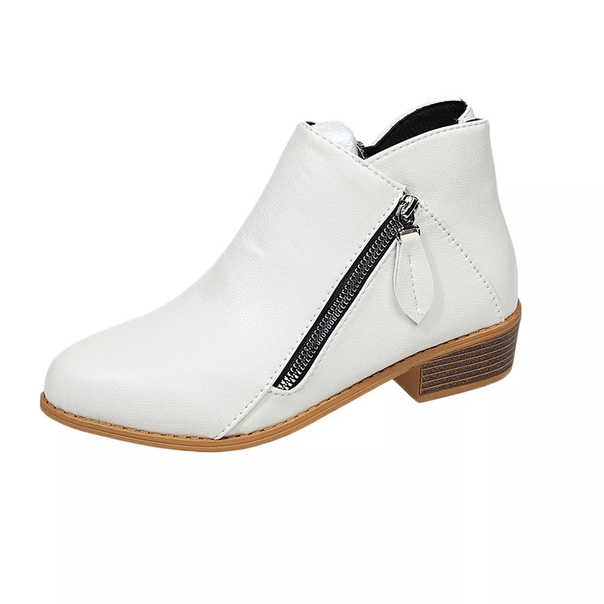 Side zip block heel boots upper detail