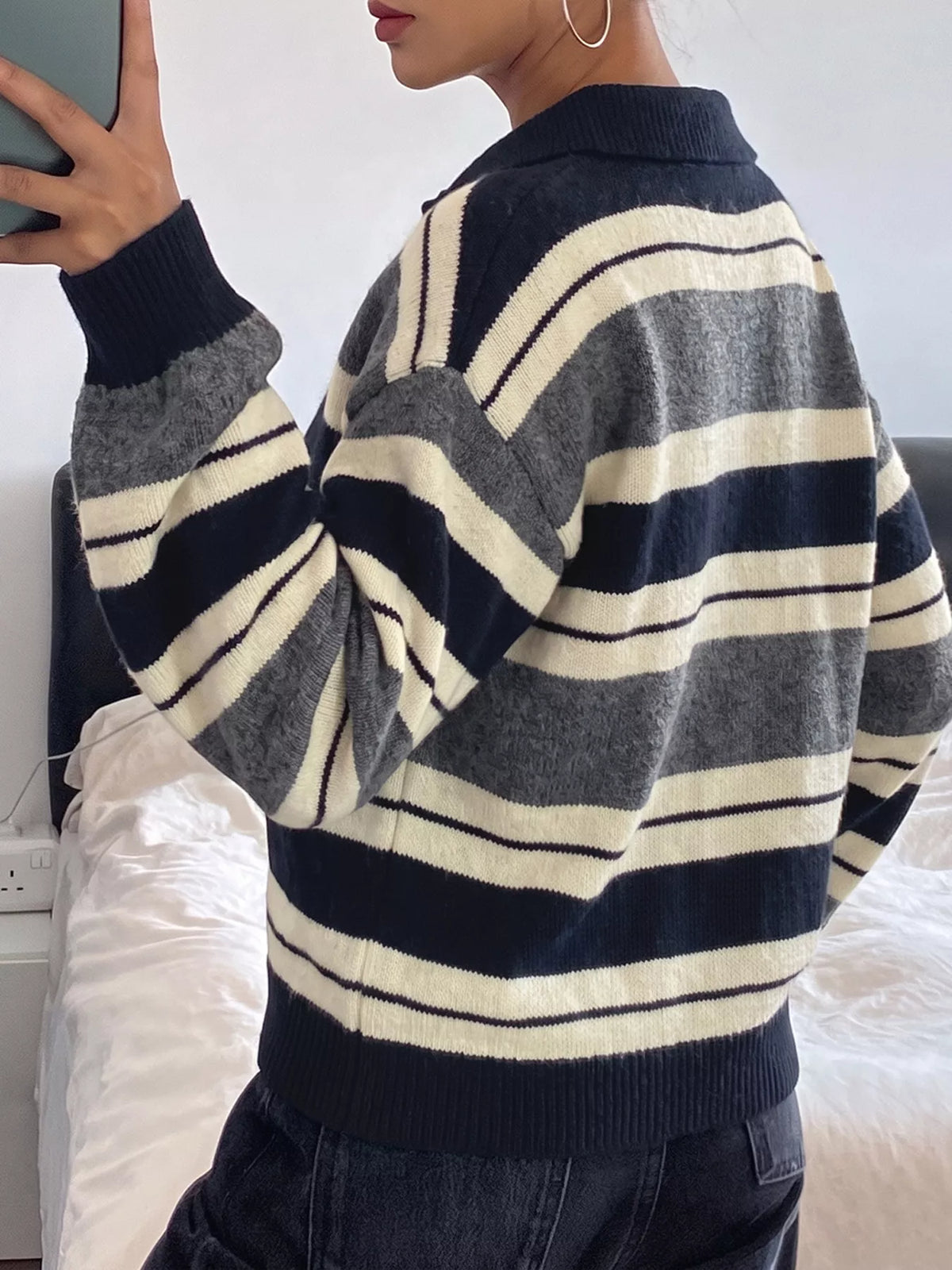 Striped Button Detail Long Sleeve Sweater styled look