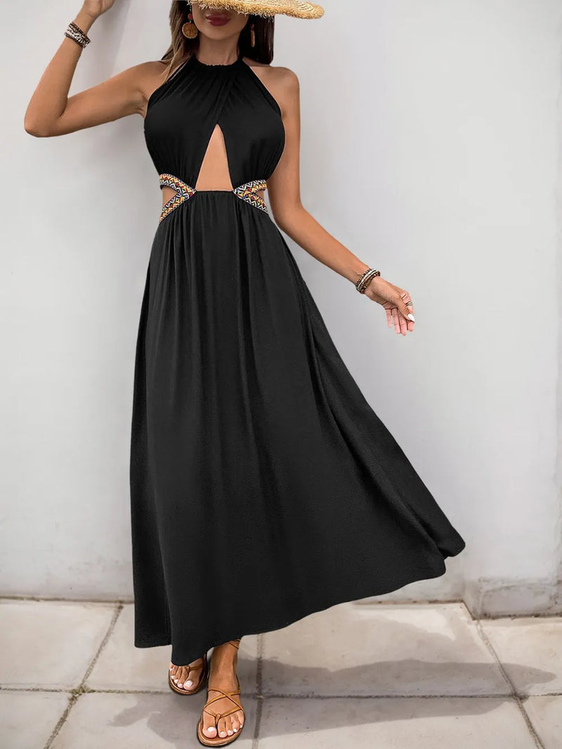 Cutout Grecian neck tie back maxi dress front view