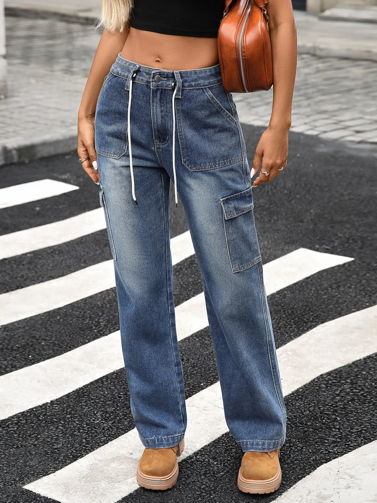 Back view of wide leg cargo denim