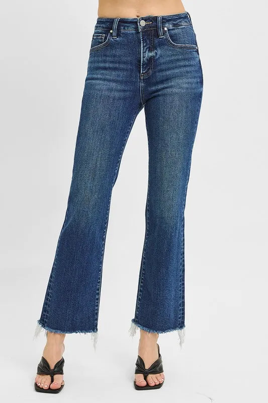 RISEN Full Size Tummy Control High Rise Crop Straight Raw Cut Hem Jeans Plus Size - Fashorio