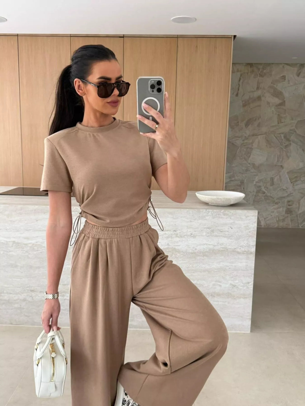 Drawstring Crop Top and Wide Leg Pants Set, view 13