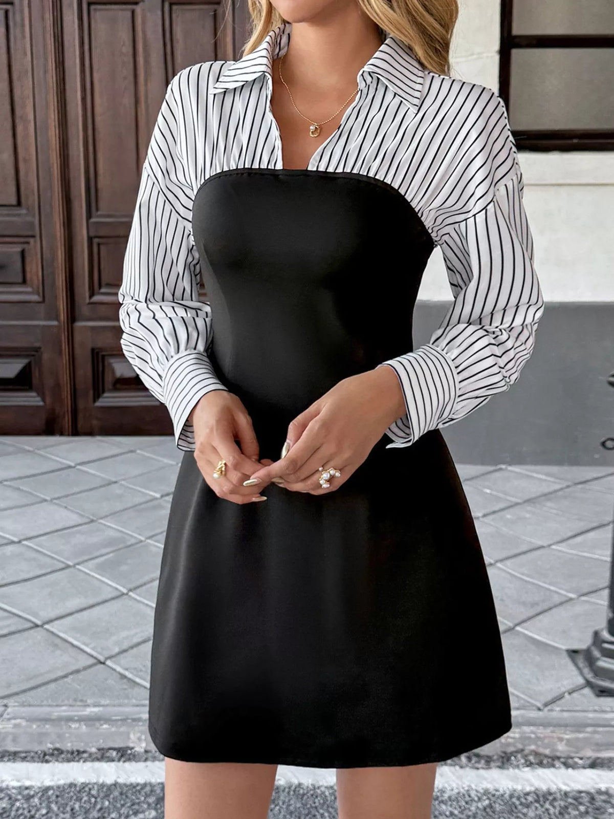 Black striped panel bodycon mini dress full length view