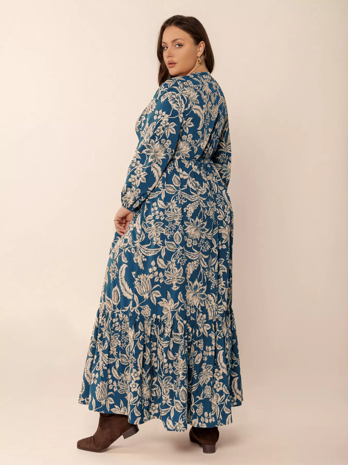 Peacock Blue plus size boho floral long sleeve maxi dress, side profile