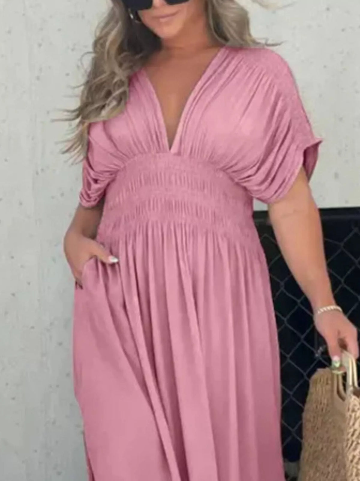 Slit V neck smocked waist maxi dress fabric detail