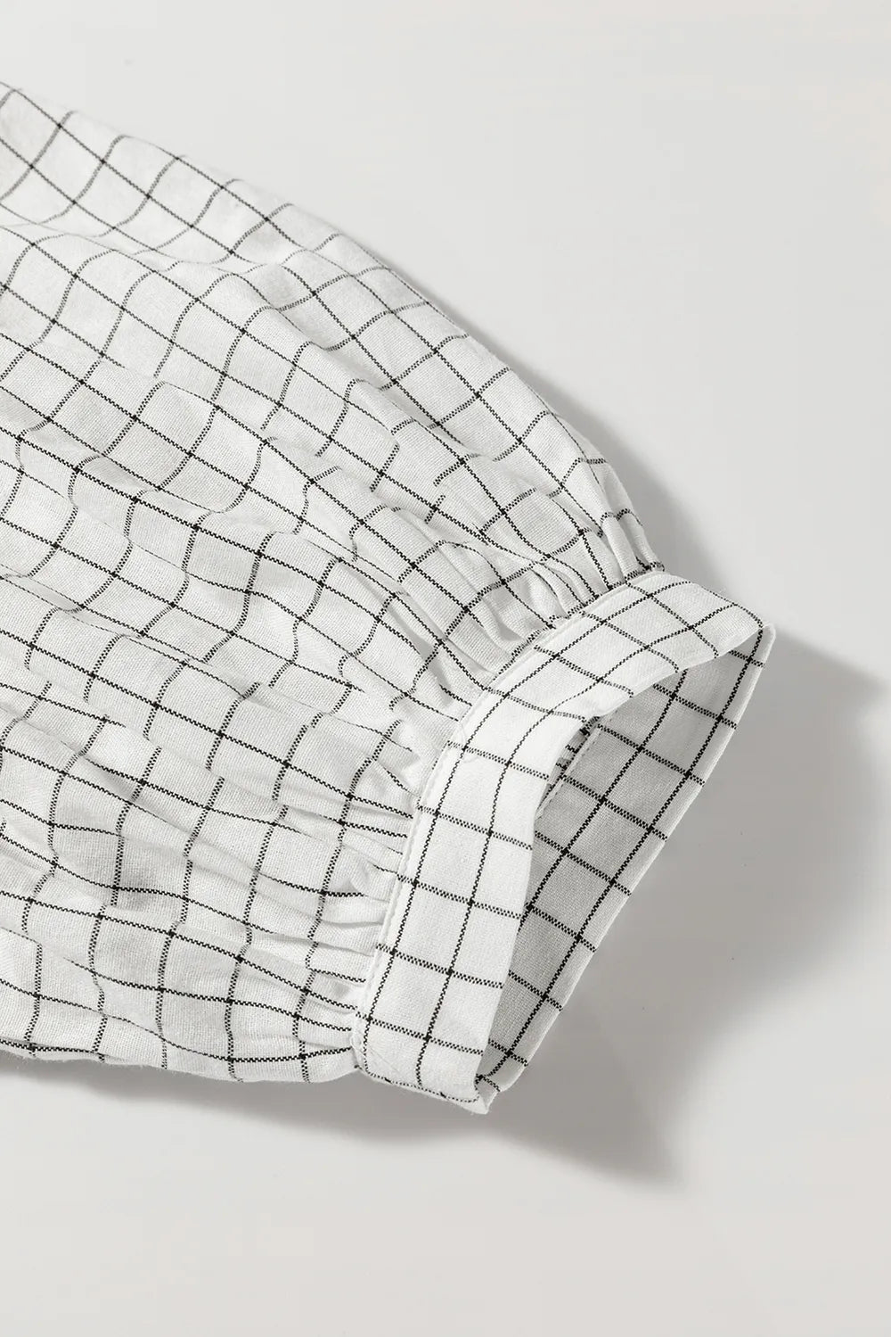 Frill Plaid Balloon Sleeve Mini Dress in White close up
