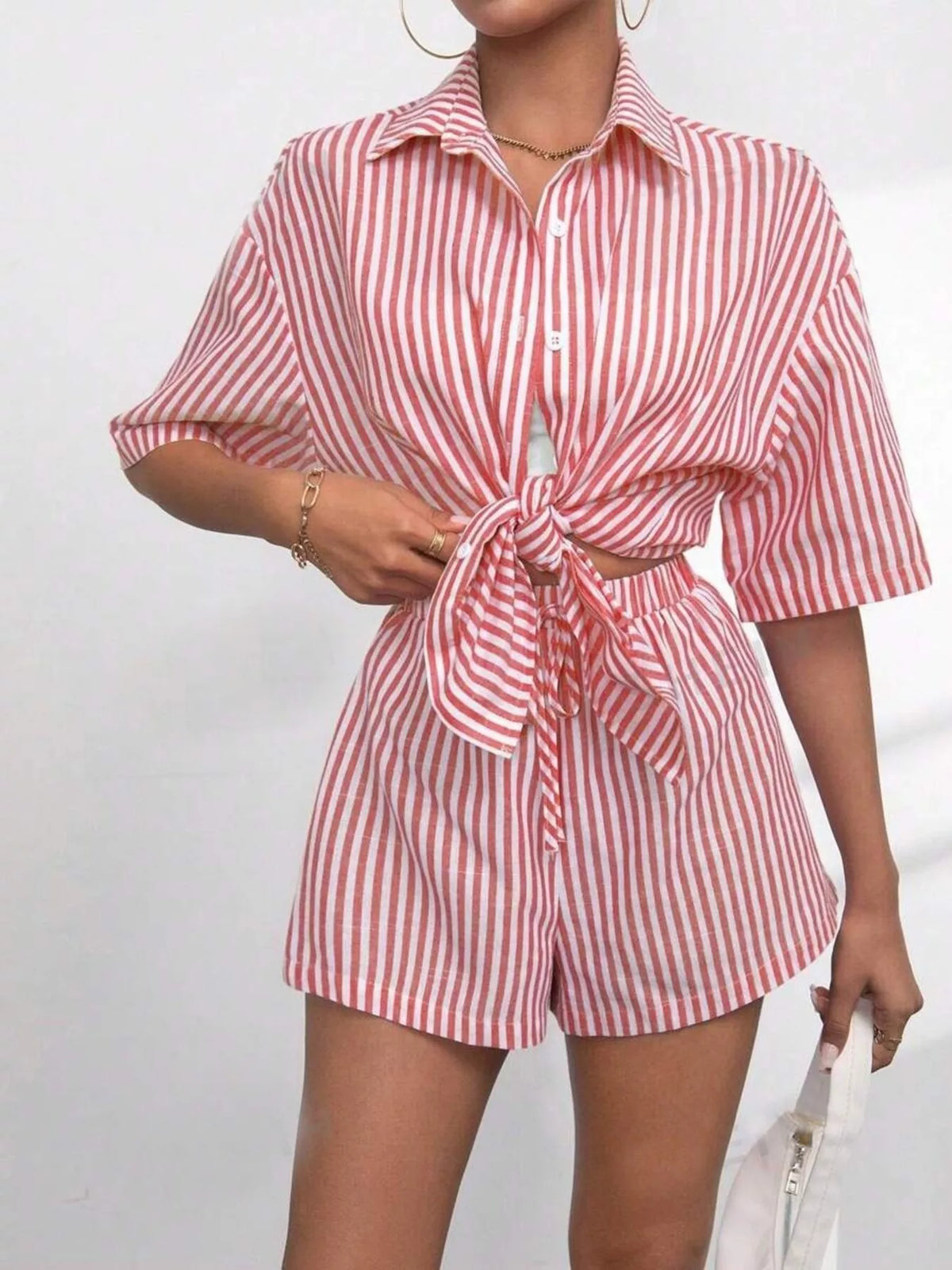 Striped matching shorts close up