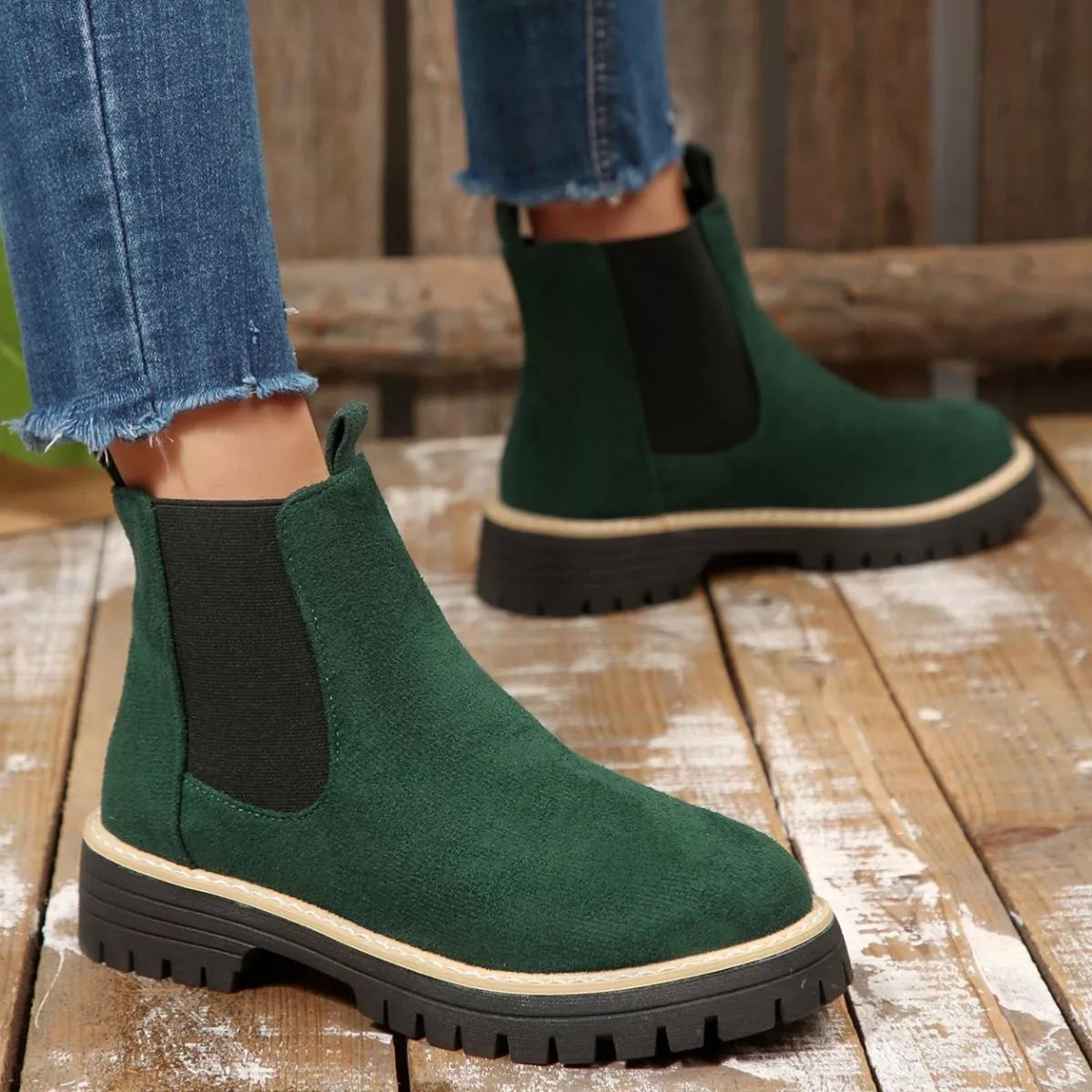 Round Toe Block Heel Boots in beige