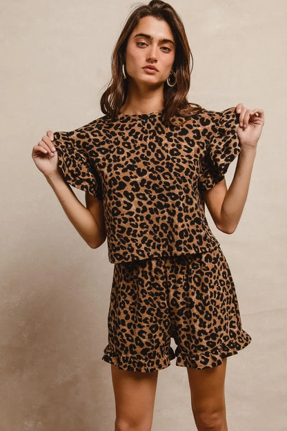 BiBi Leopard Print Waffle Texture Layered Ruffle Sleeve Top and Shorts Set - Fashorio