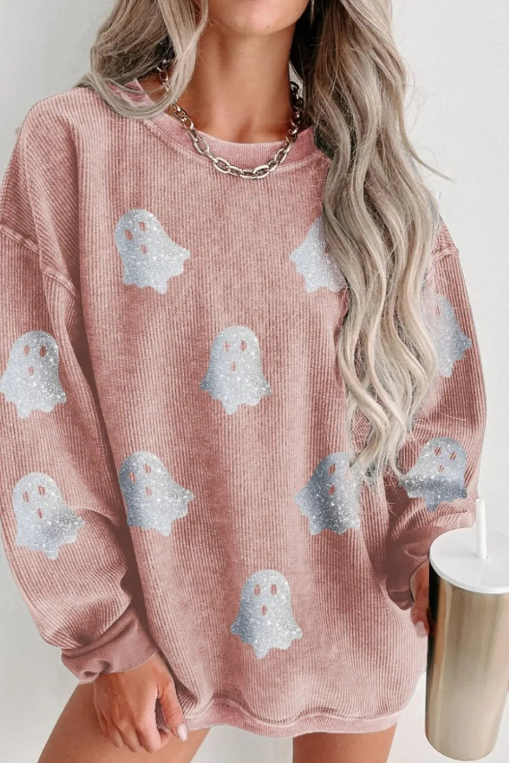 Ghost Round Neck Oversized Sweatshirt Pale Blush - Fashorio