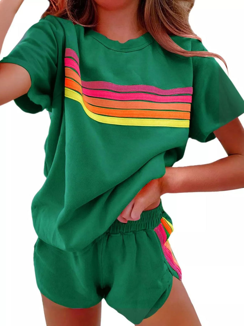 Rainbow striped round neck top and shorts two piece set front view