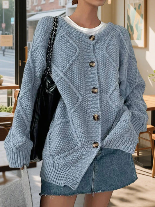 Button-Front Long Sleeve Cardigan Dusty Blue - Fashorio