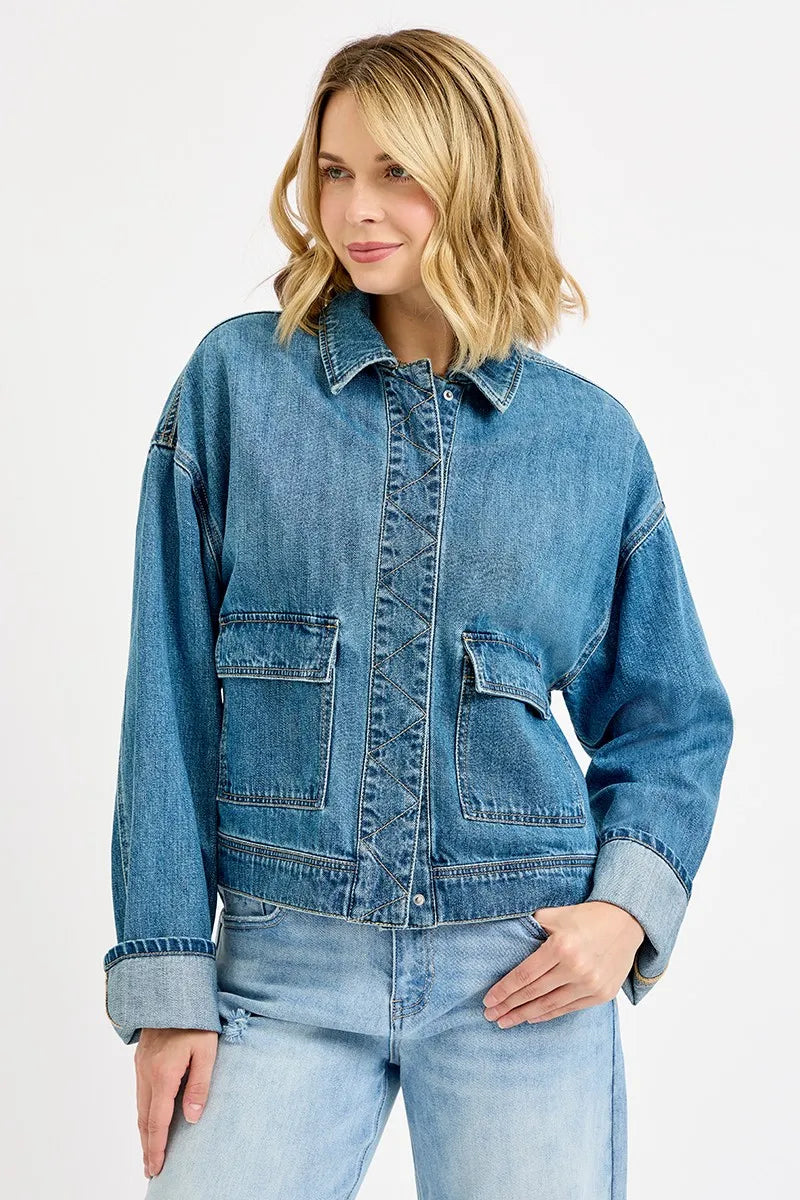 RISEN Oversized Cargo Pocket Denim Jacket with Cuffed Sleeves - Fashorio