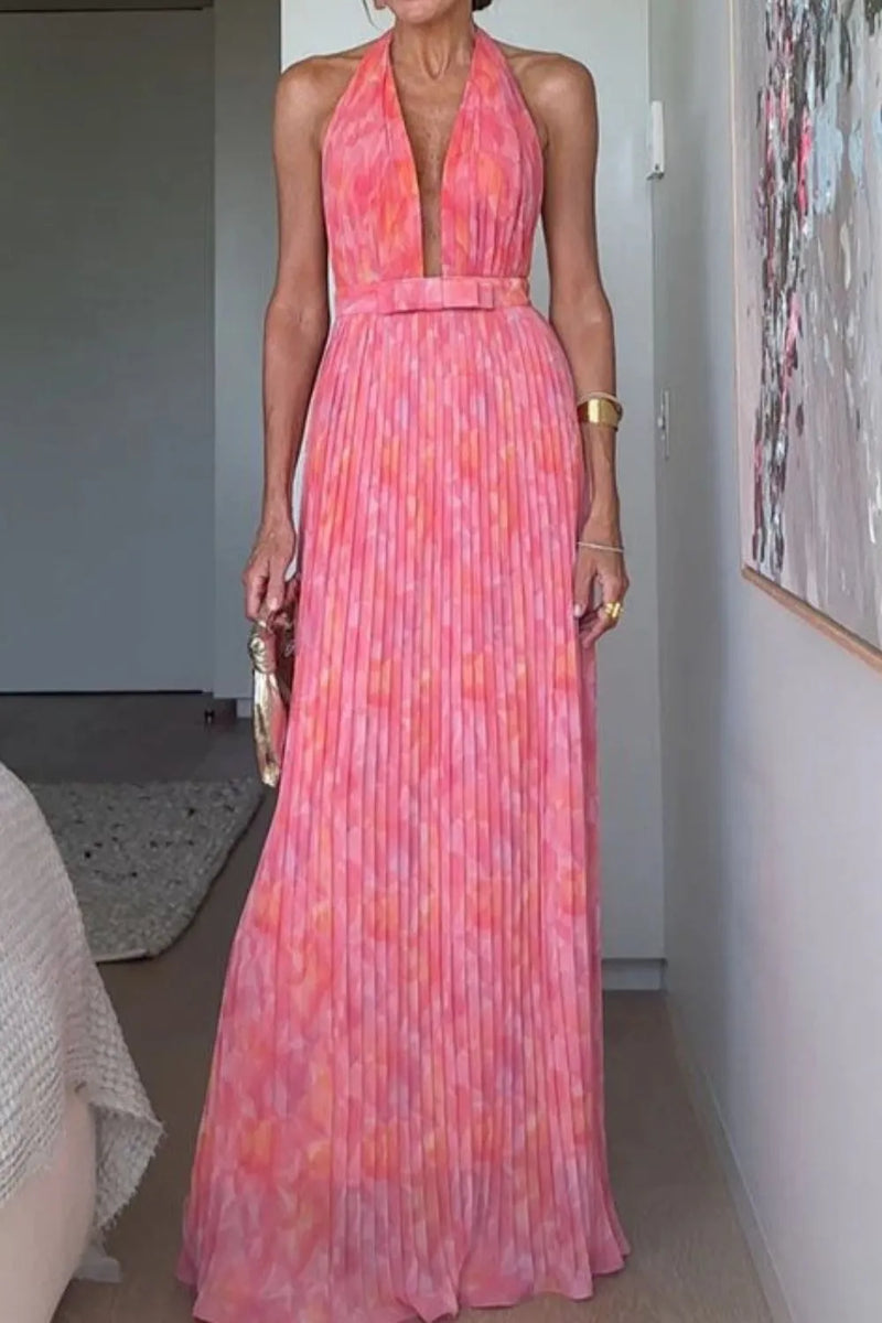 Halter neck pleated maxi dress front view in pink